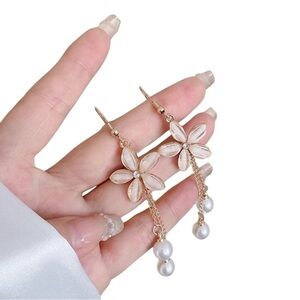 Gold Tone and Pearl Flower Drop Earrings, New